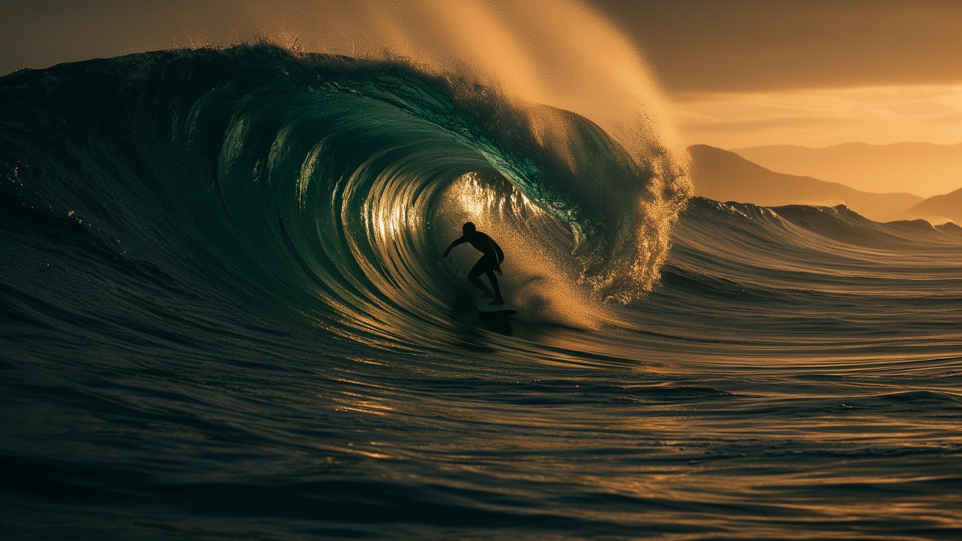 Surfer dropping into a glassy barrel at golden hour